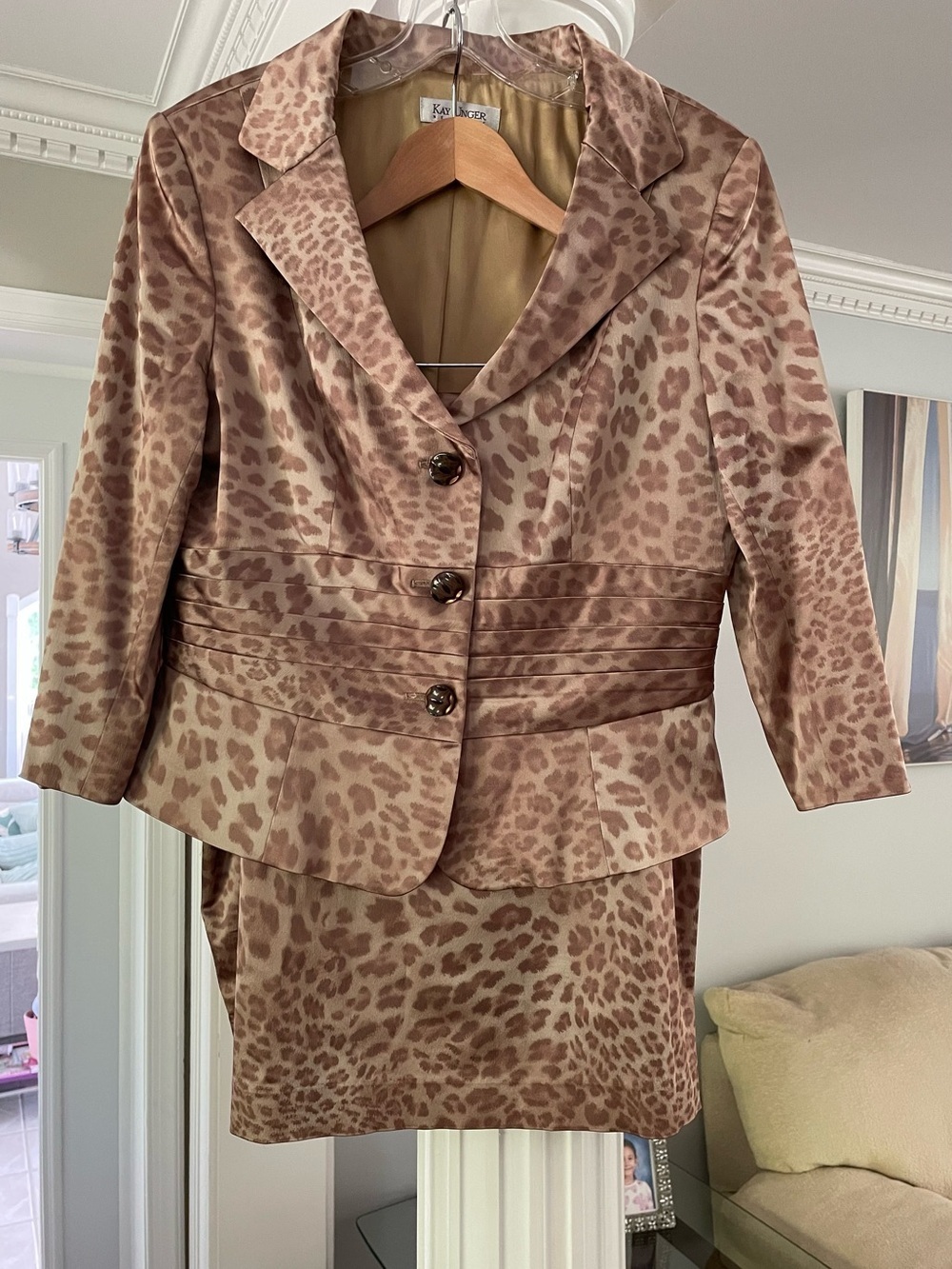 Kay Unger women’s Leopard Print Satin Jacket & Skirt Set - tan  and brawn . 14